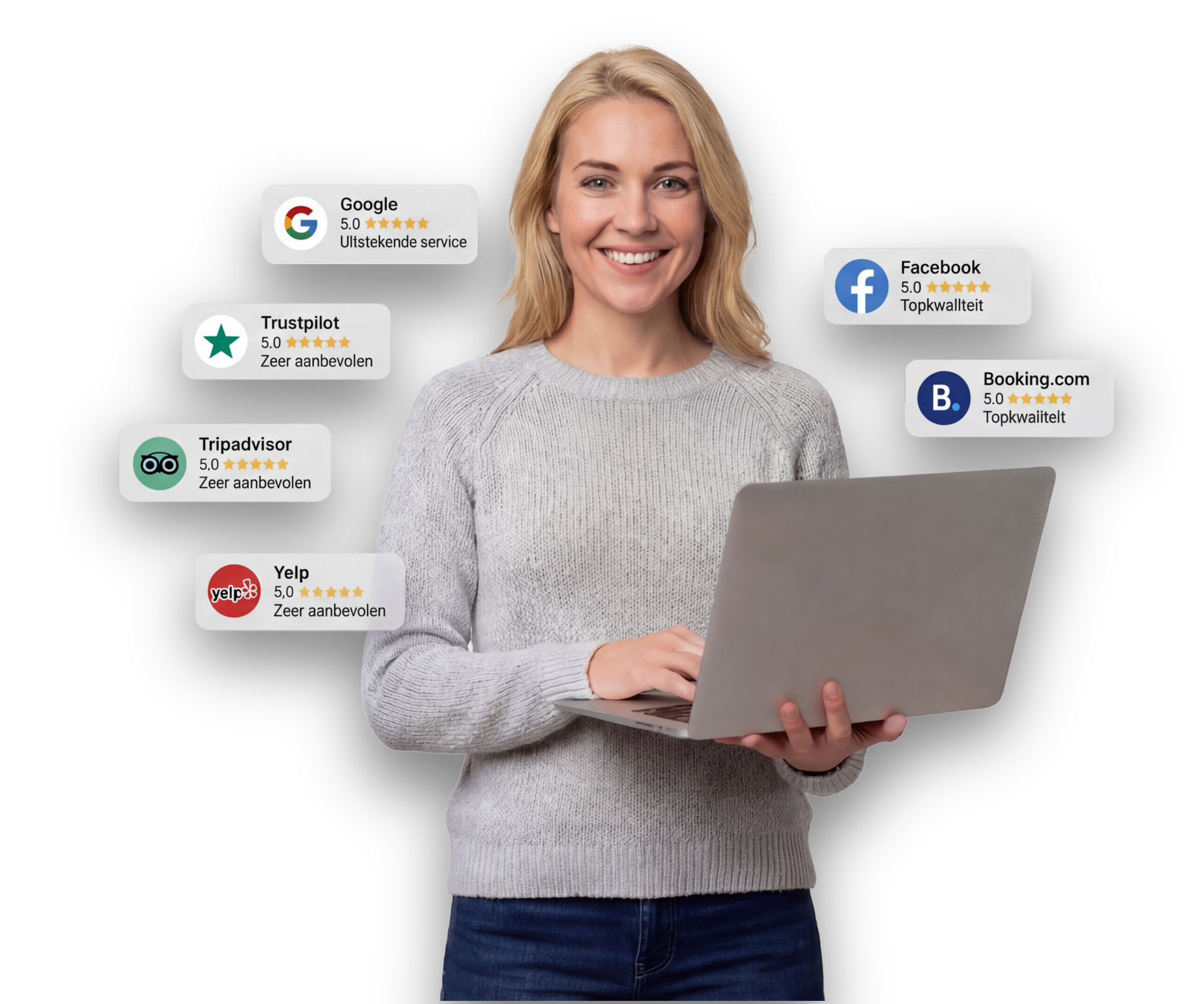 Vrouw met laptop en review platformen