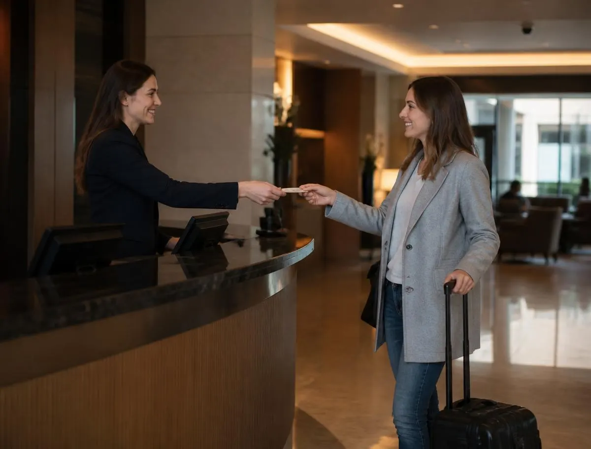 Gast checkt uit bij hotelbalie