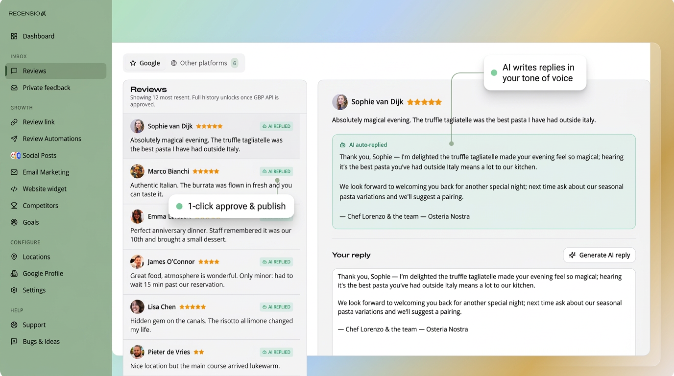 Gedeelde reviews-inbox in het RecensioAI dashboard