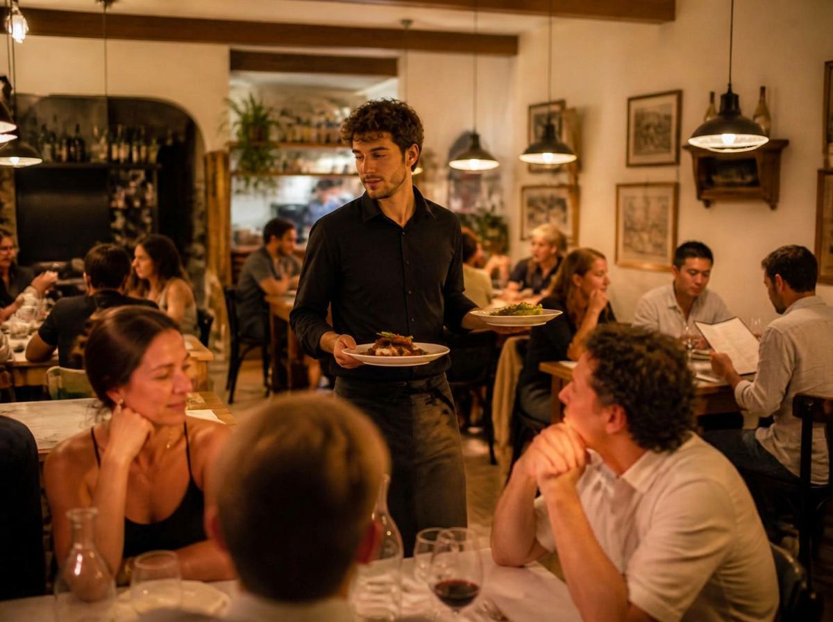 Restauranteigenaar doet reputatiebeheer voor zijn restaurant en beheert Google reviews op een laptop in de keuken