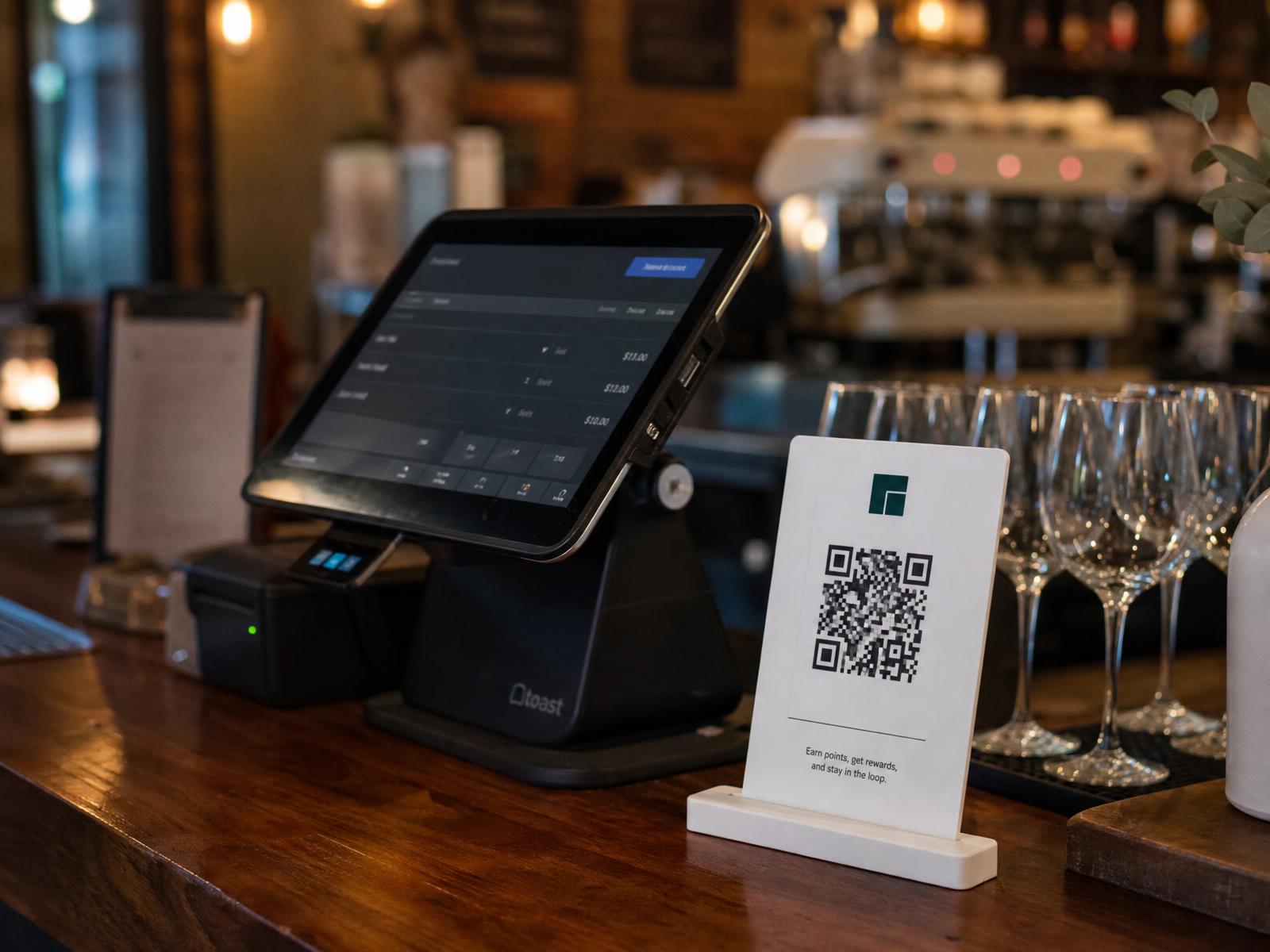 Kassa in een restaurant met een QR-kaartje van het bedrijf naast de bon