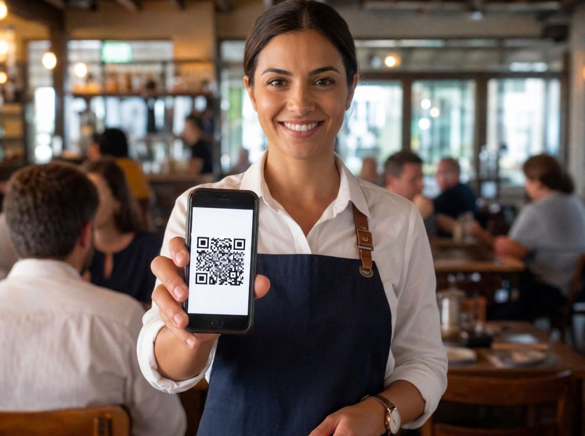 Kelner toont een QR-code op een iPhone aan een gast