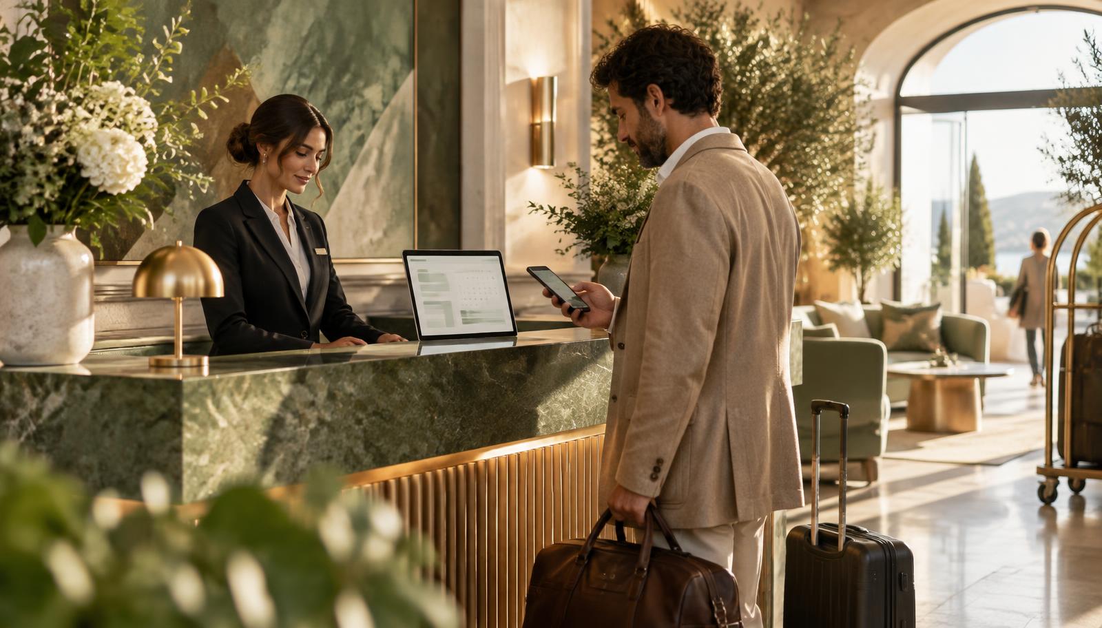 Hotelgast checkt uit terwijl de receptie een gekoppelde digitale workflow beheert