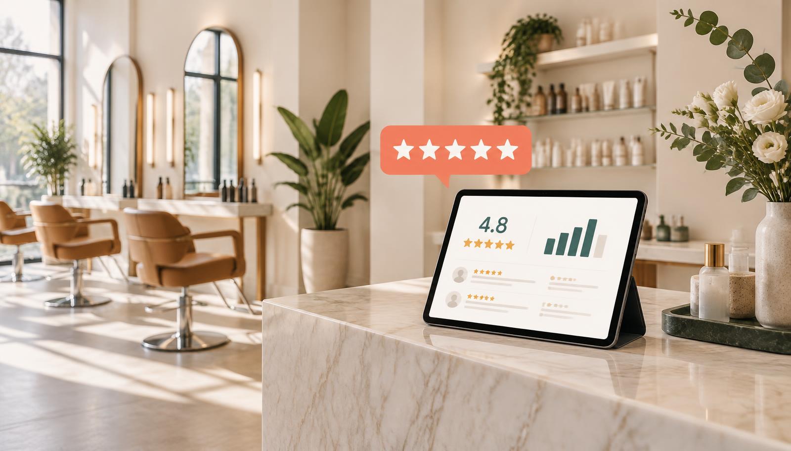 Moderne salon met een overzicht van reviewscore en reputatiegroei