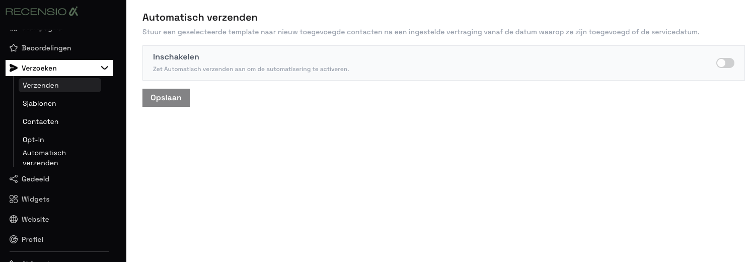 RecensioAI dashboard — Automatisch verzenden inschakelen