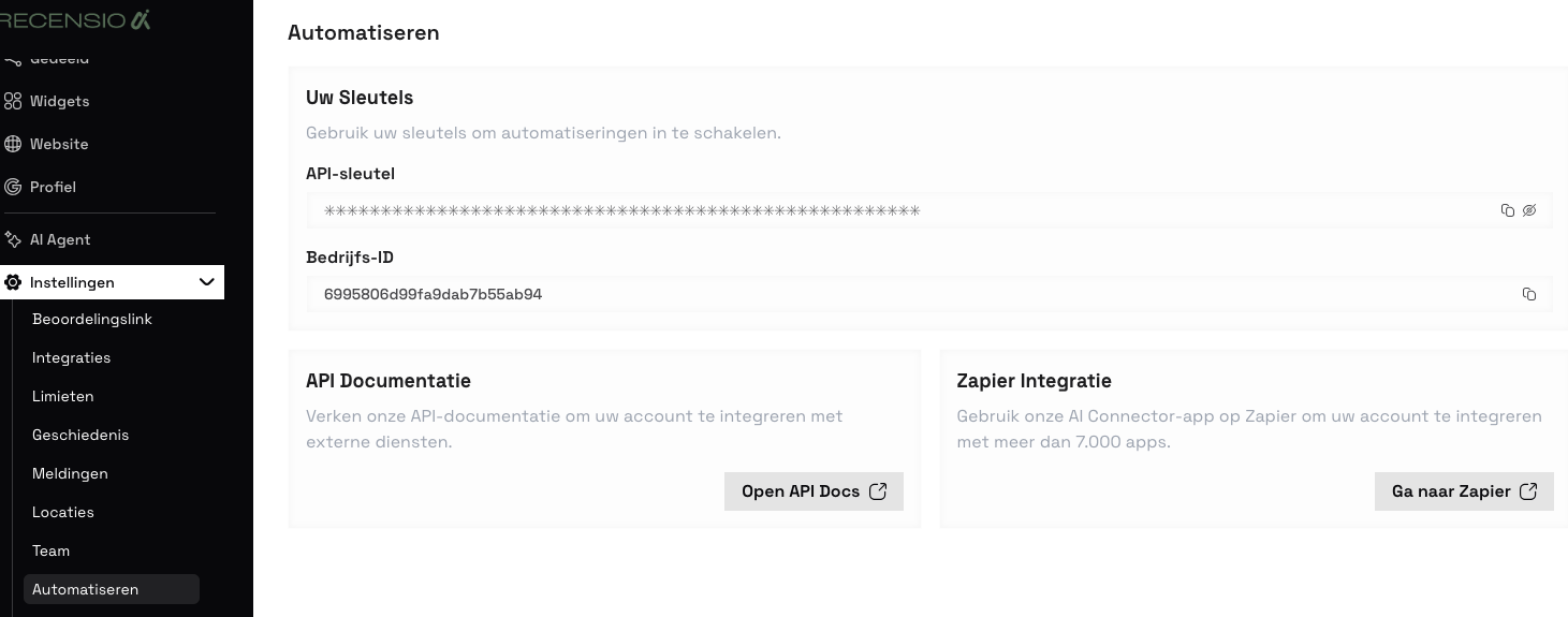 RecensioAI dashboard — Automatiseren pagina met API-sleutel en Zapier-link