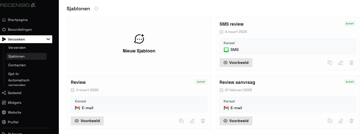 RecensioAI dashboard — Sjablonen overzicht met SMS en e-mail templates