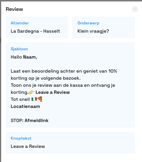 Voorbeeld van een review request template in RecensioAI